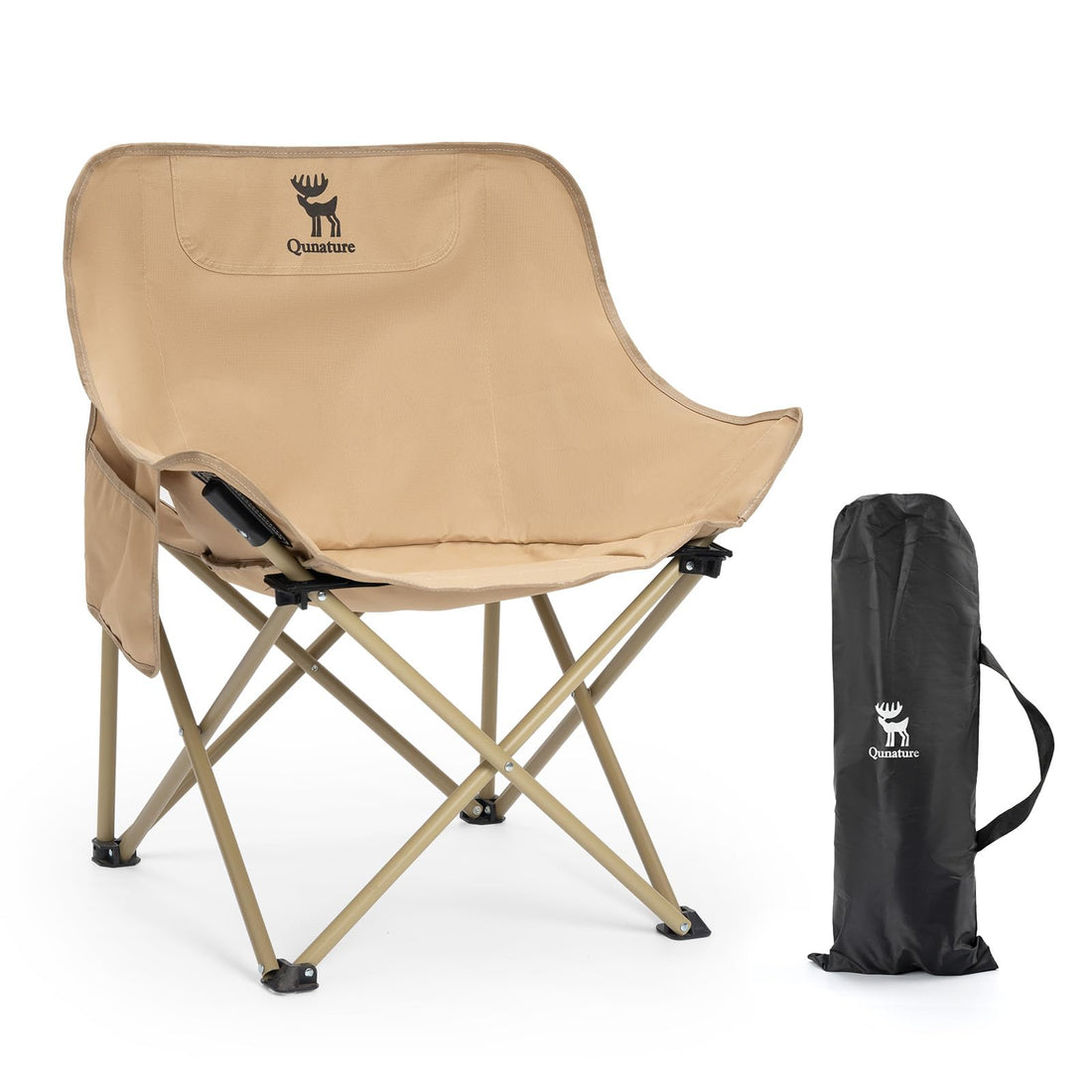 Portable Camping Chair, 60cm Wide Seat Folding Chair with Lumbar Support, 265LBS Capacity Heavy Duty with Storage Bag for Outdoor Hiking Beach Picnic, Khaki