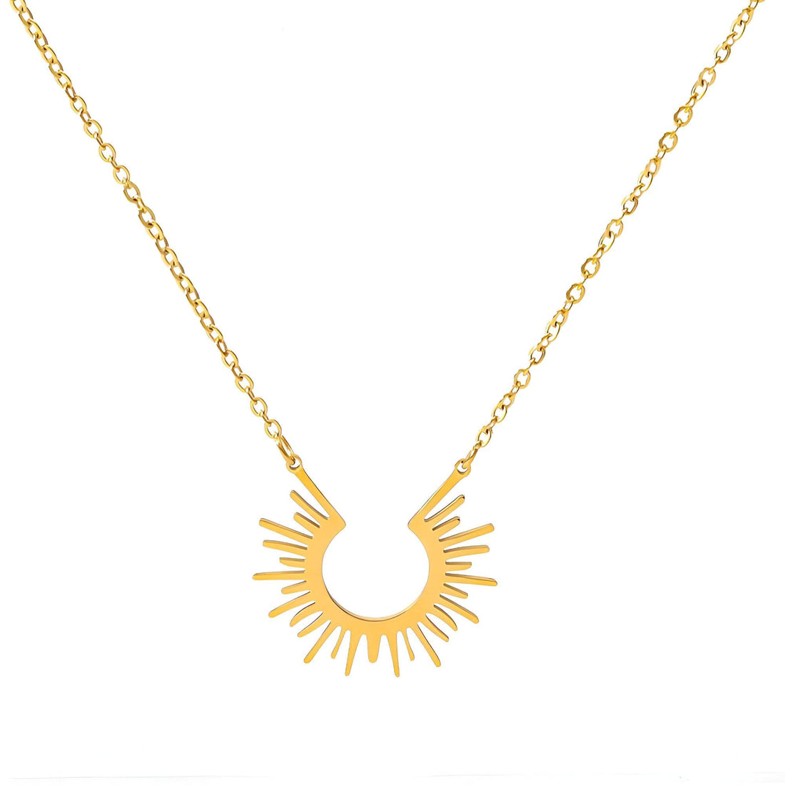 Sun Halo Necklace - Subtle golden halo design resembling a rising sun, crafted for quiet luxury and daily feminine grace.
