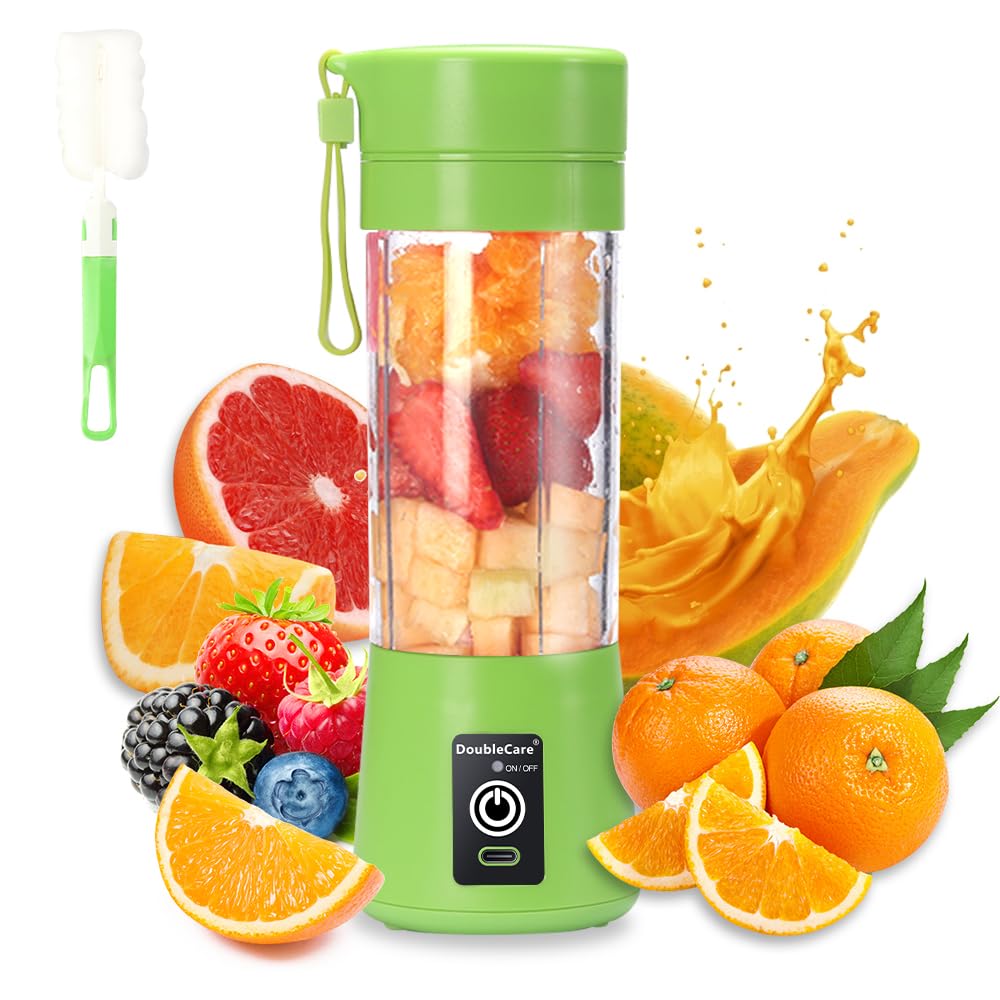 DoubleCare Portable blender cup,electric usb juicer blender,mini blender portable blender for shakes and smoothies, juice,380ml, six blades great for mixing,green, One size