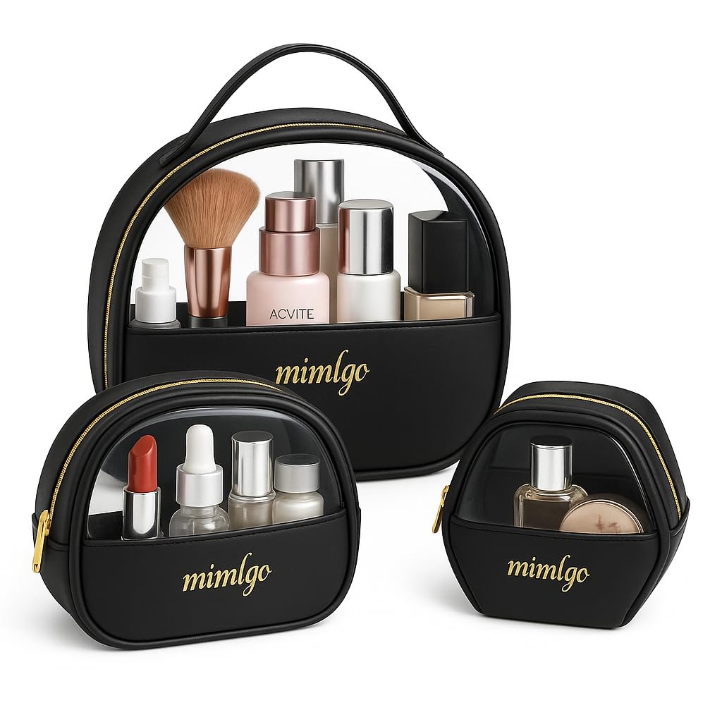 Makeup Bag Set 3-Piece Leather Travel Cosmetic Organizer With Transparent Front Waterproof Pouch For Toiletries Skincare Accessories Zipper Wash Bag