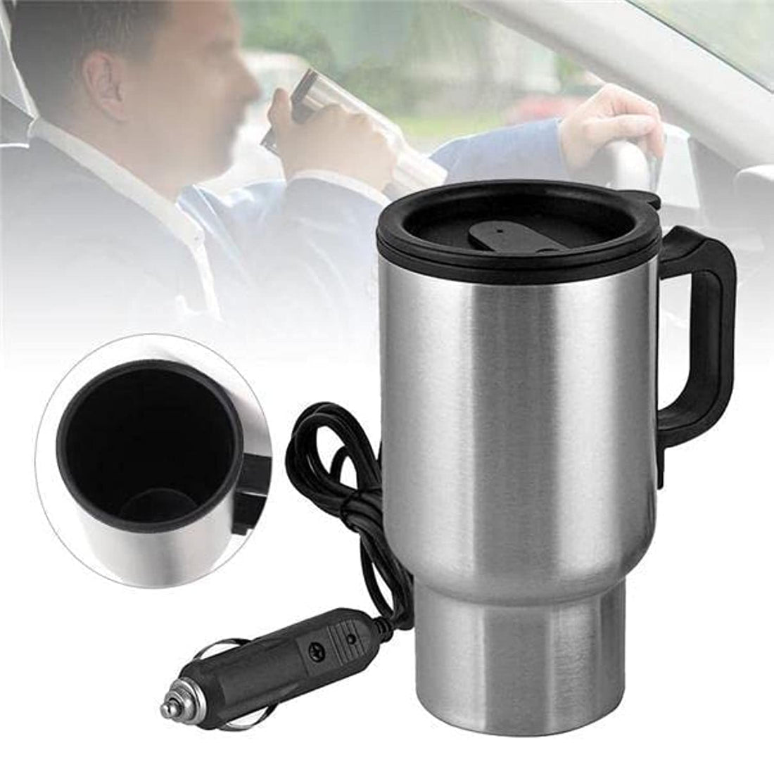 BELLOX ENTERPRISE Stainless Steel Electric Car Mug,12V Thermal Electric Heated Car Mug Coffee Cup Warmer 450ml, Insulated Water Heater Mug for Car and Camping Outdoor Traveling
