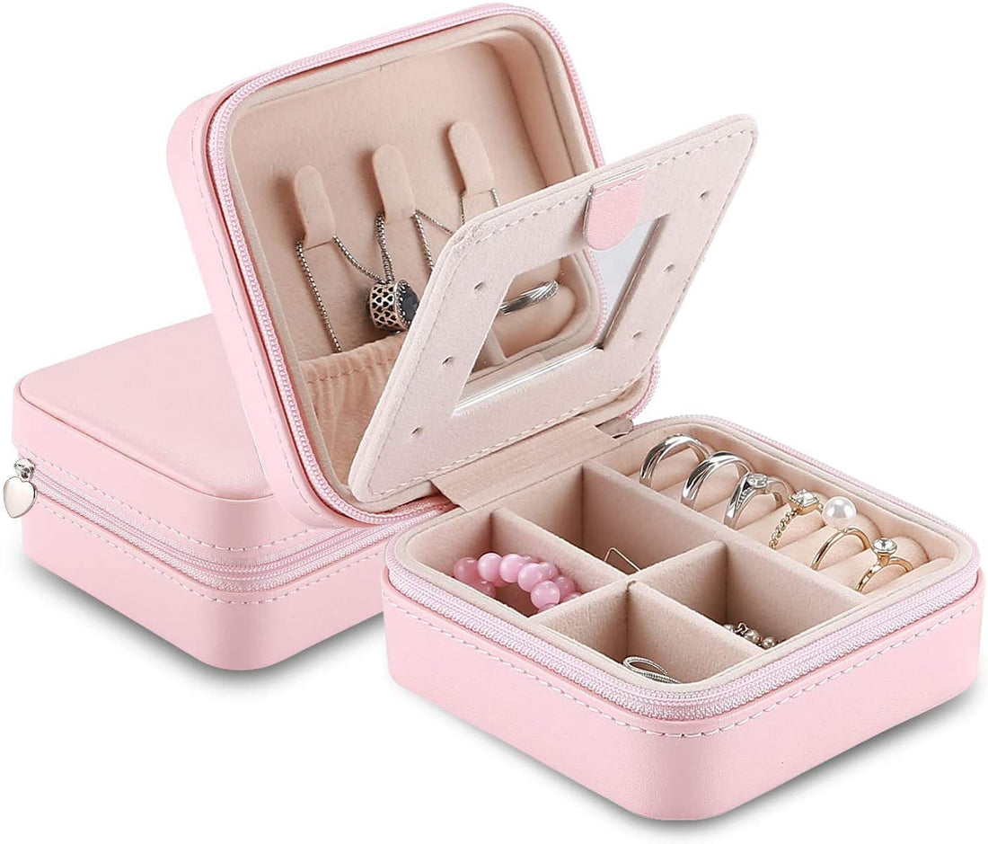 ZUOMIDIE Small Jewelry Box Organizer, Faux Leather Portable Mini Travel Jewelry Trays Display Storage Case with Mirror for Necklaces Bracelets Earrings Rings