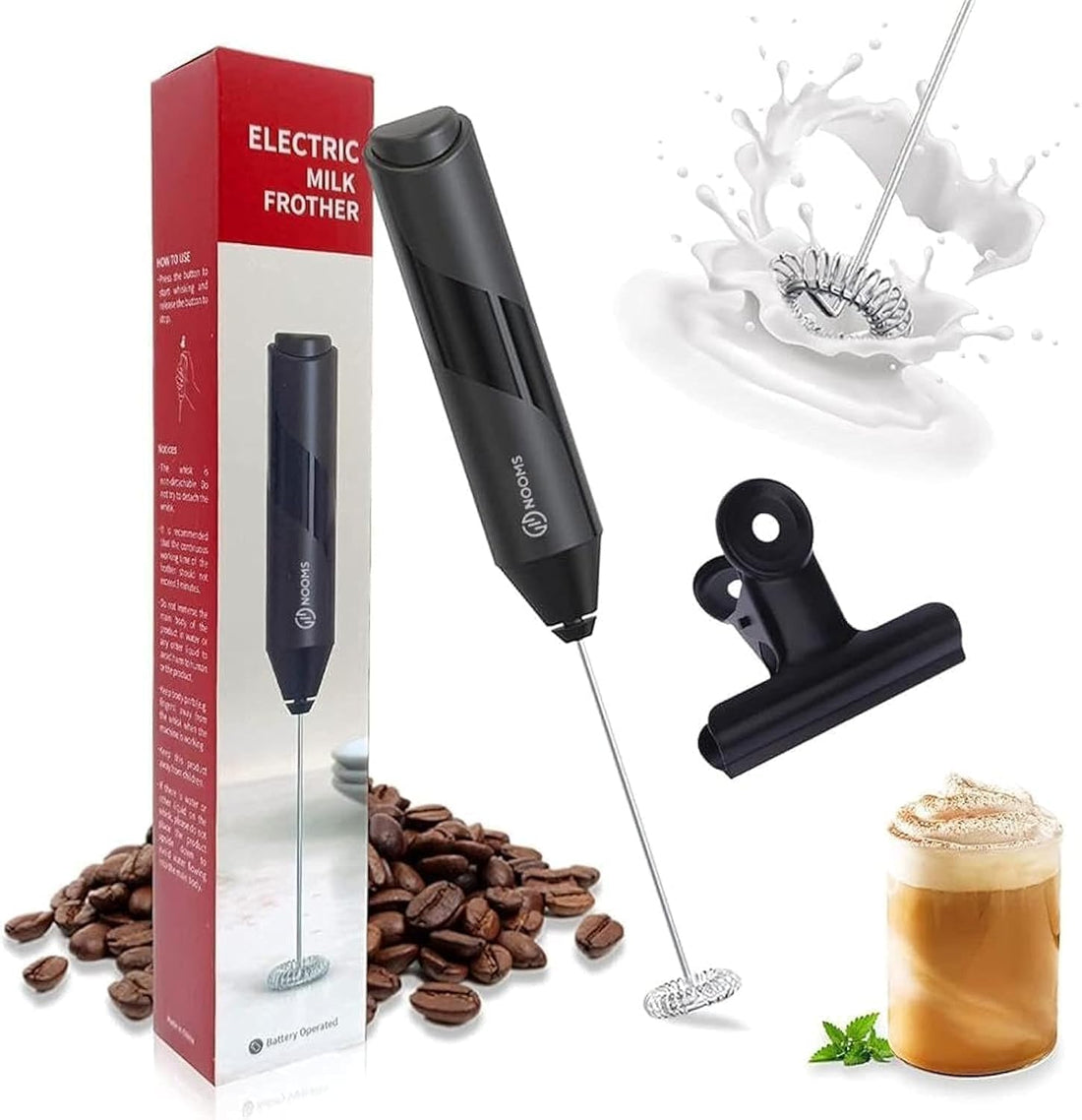 Handheld Electric Milk Frother with Stainless Steel Stand - Battery Powered Foam Maker, Whisk Drink Mixer Mini Blender for Coffee, Frappe, Latte, Matcha, Hot Chocolate.