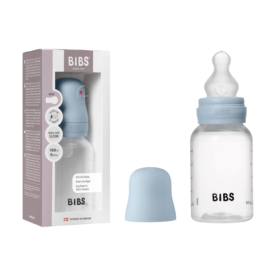 BIBS Baby Bottle 150 ml Silicone Teat - Baby Bottle Set Anti-Colic BPA Free Slow Flow Lightweight and Easy to Clean Suitable for Newborns from 0 Years - Baby Blue
