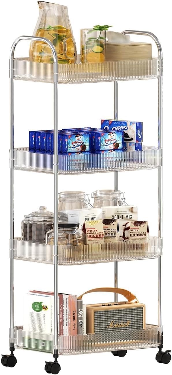 Uandhome Clear Rolling Utility Cart, Acrylic Clear Mobile Storage Cart, Multifunction Movable Storage Cart Organizer with 3 Baskets, Trolley Storage Organizer for Kitchen, Bathroom, Bedroom (4 Tier)