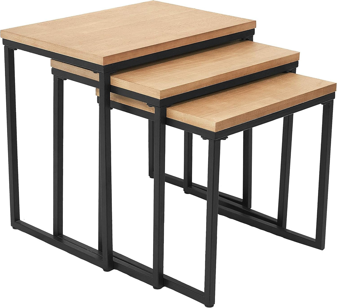 MA Steel Modern 3-Piece Nesting Coffee Tables Set – Industrial Side Tables with Black Metal Frame & Wooden Top – Space Saving End Tables for Living Room, Bedroom & Office