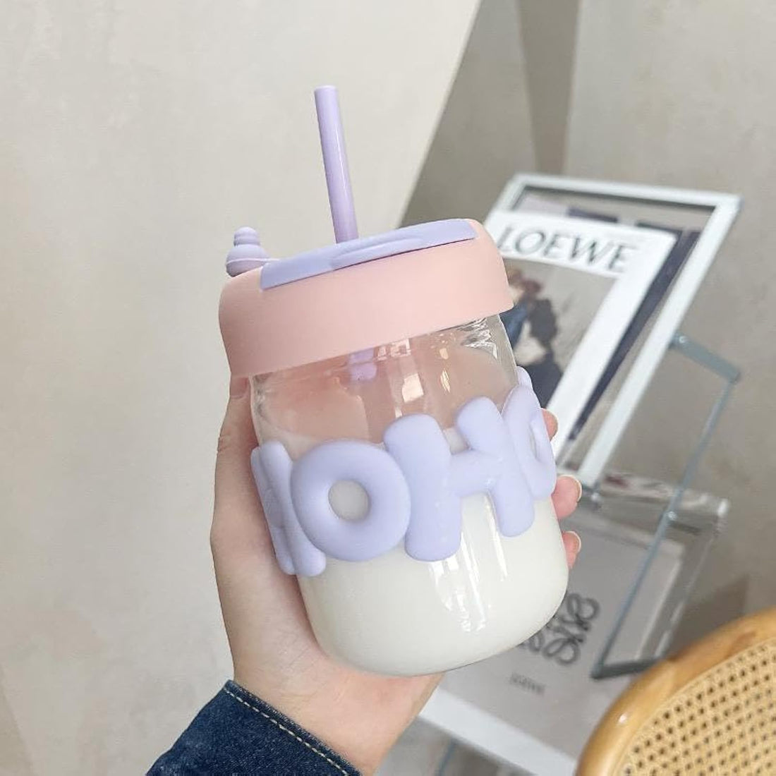 Online Celebrity Glass Straw Cup, Portable Cute Straw Cup, Souvenir Straw Cup Drinking Cup Personalized Logo Letter Shape (Pink & Purple)