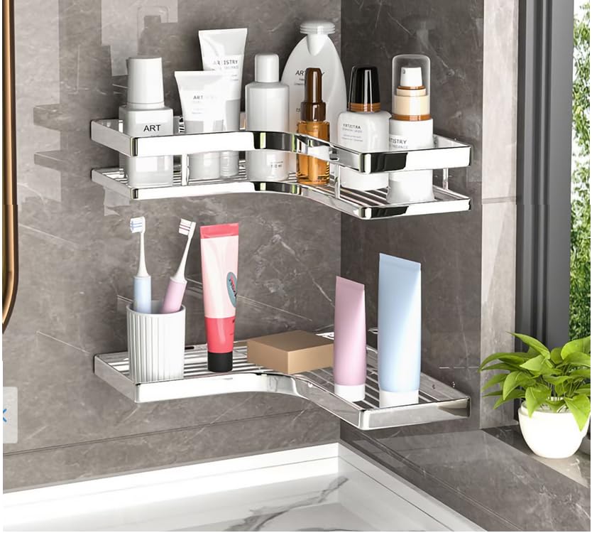 Stainless Steel Bathroom Corner Shelf - Rustproof Multi-Layer Storage - Modern Design Easy to Install Screws or Adhesive (2 Corner Shelf)