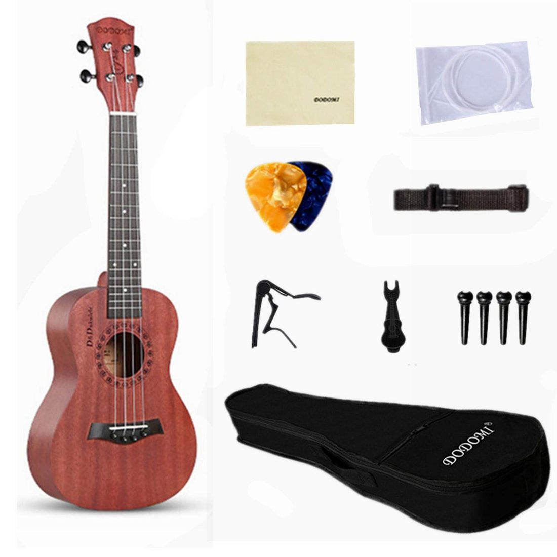 23In Ukulele Mini Guitar Instrument Ukulele Kit with Bag Tuner Strap String Gift for Beginner Coffee Brown