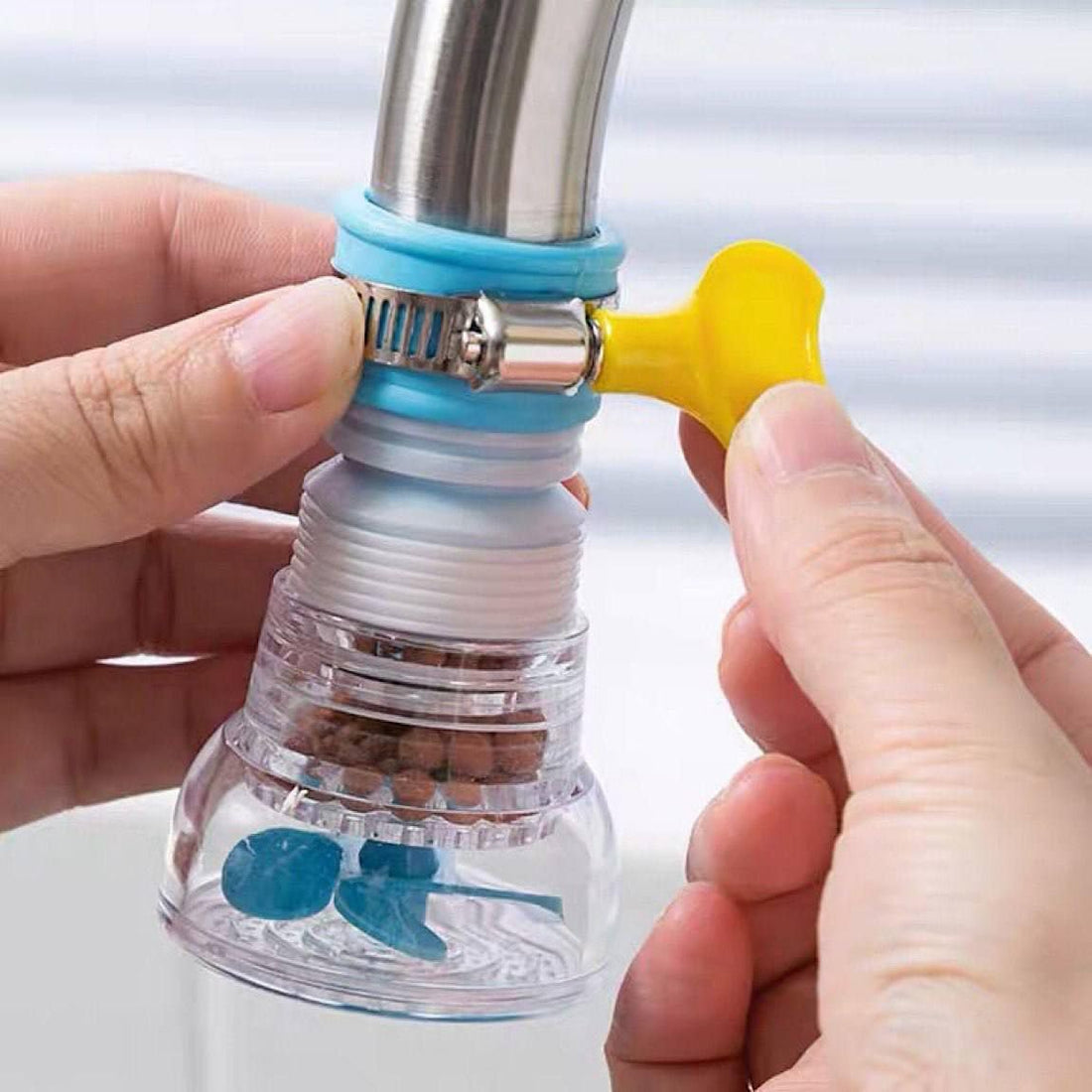 Household water filter with filter pills and water filter while using