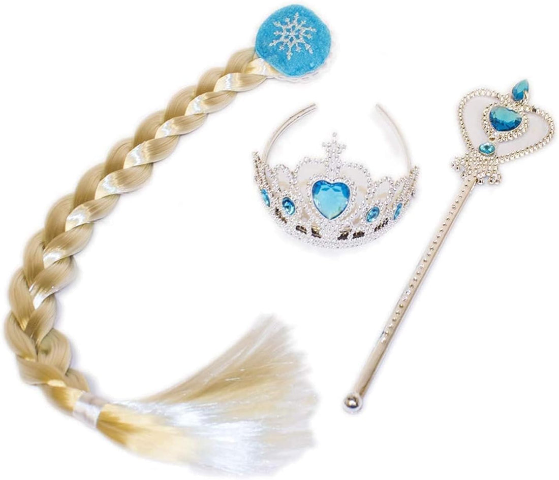 Snow Princess Accessories Set for Kids, Tiara, Wand and Hair Braid with Snowflake Decoration, Blue and Silver