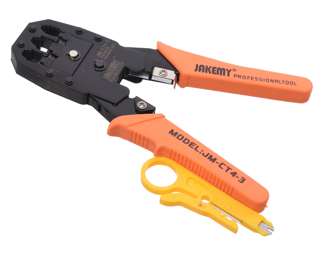 Jakemy JM-CT4-3 Modular Crimping Tool Set – 2 Pieces with Cutter for RJ45, RJ11, RJ12 – Multicolor