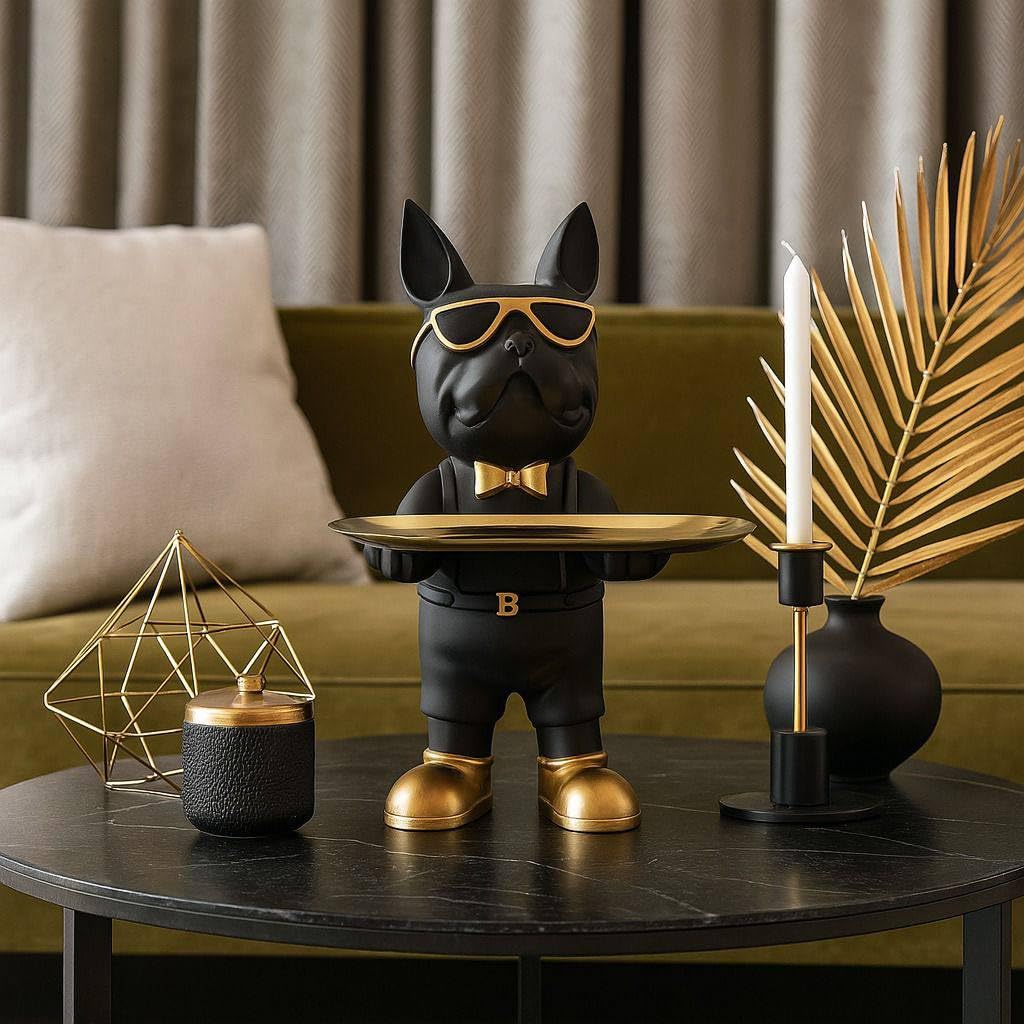 XPY-V9 Artistic Bulldog Tray Statue, Standing Bulldog Candy Dish Key Holder Bowl, Handmade Art Craft Accessories, Resin Statues for Office Desk Home Decor Figurines Entryway Table Decor