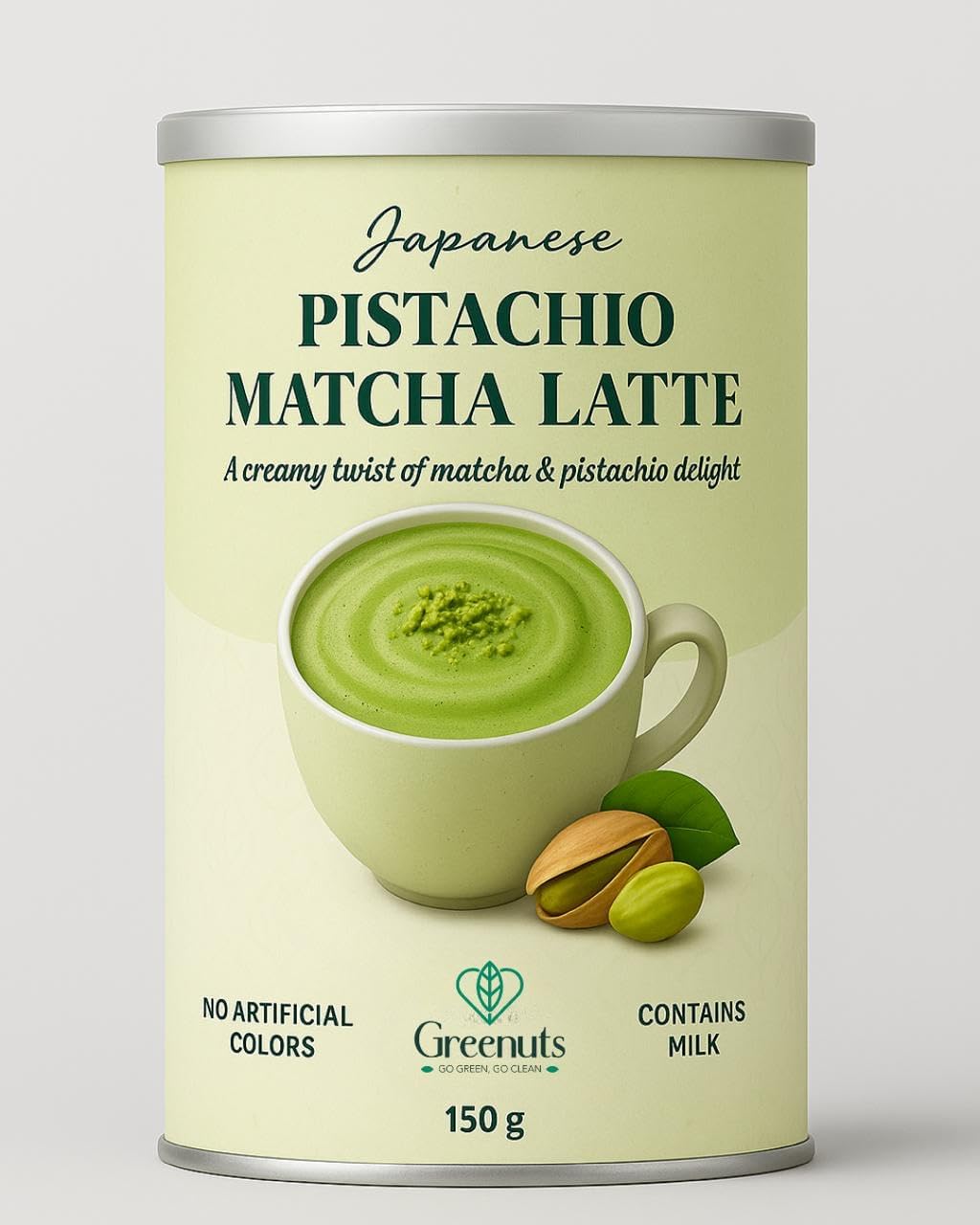 Pistachio Matcha Latte – Japanese Ceremonial Grade Matcha with Natural Ground Pistachios, Skimmed Milk & Vanilla Touch – Healthy Drink for Energy & Concentration 150g – Greenuts