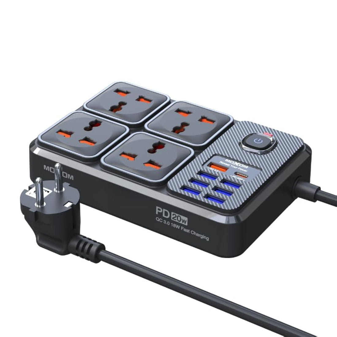 Moxom MX-ST17 12 IN 1 PD Power Strip With 4 Socket, 7 USB, 1 Type-C PD And One Key Master Control For Multi Devices 20W 3 Meter - Black