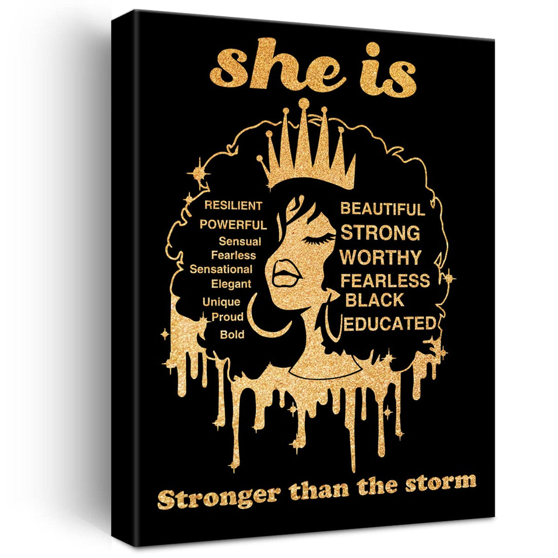 JerLoe Black Woman Canvas Wall Art Motivational She is Stronger Than the Storm Black Girl Gold Foil Art Print Framed Canvas Painting Artwork Home Decor Gifts 12x15 Inch
