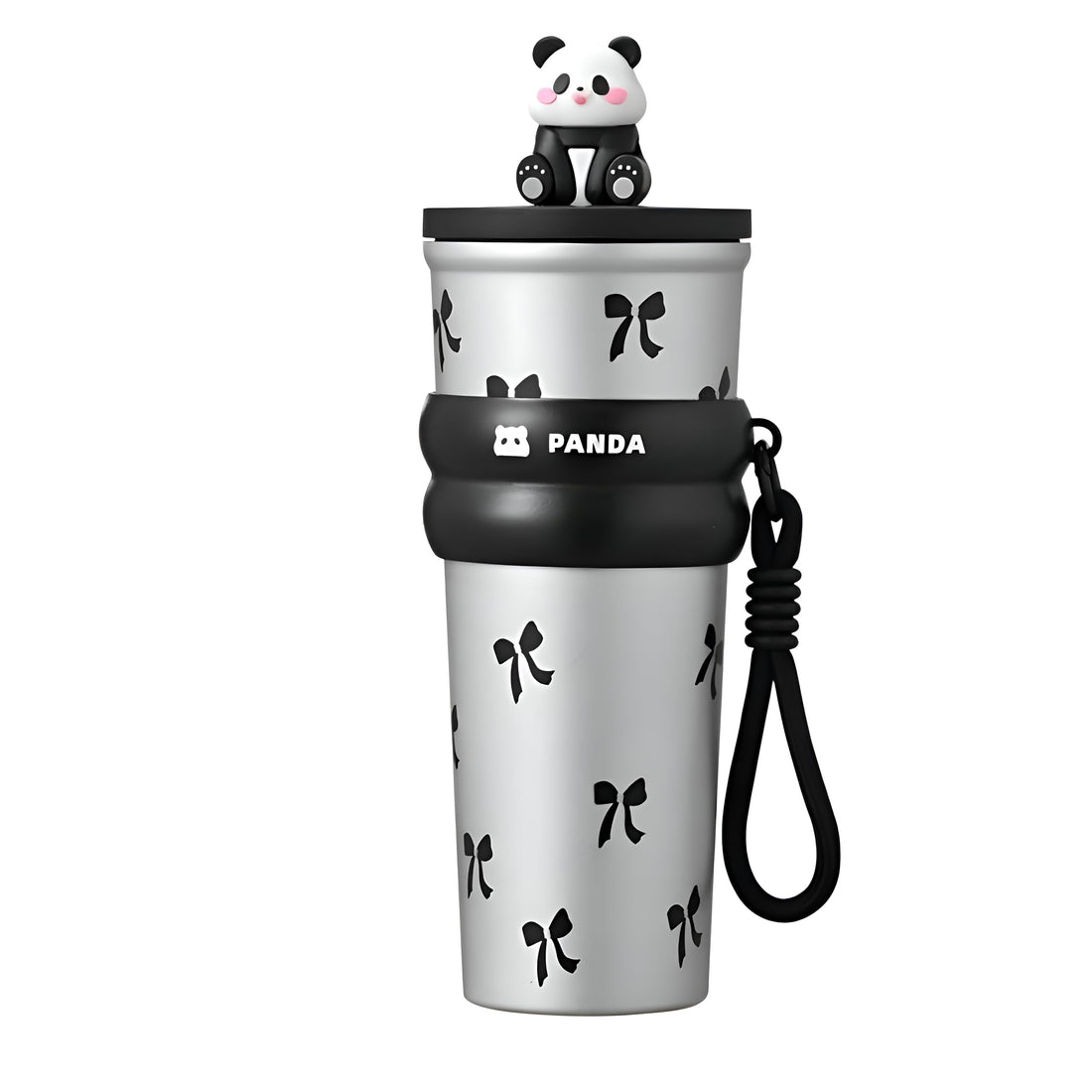Drink Container - Reliable Thermal Performance, 700ml Capacity, Eye-Catching White and Red Cherry Artwork, Unique Panda-Shaped Lid, and a Functional Non-Slip Grip Band (black)