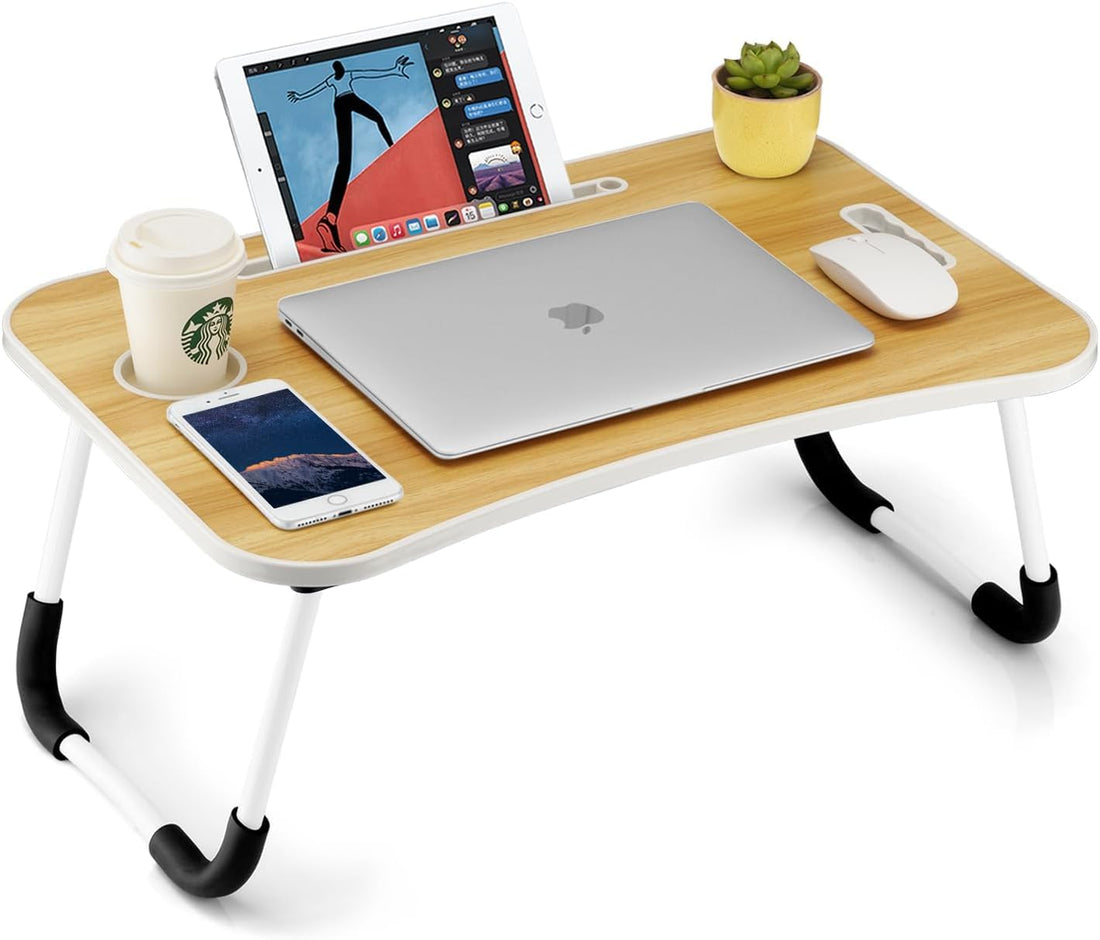 Large Foldable Wooden Lap Desk for Bed & Sofa – Strong Metal Frame, Soft Wood Texture – Perfect for Laptop Use, Homework, Meals – Built-In Cup Holder, Phone Dock, Pen Slot – Lightweight & Durable