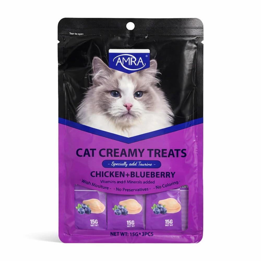 Cat Creamy Treat Sticks - Wet Cat Food Snacks With Vitamins And Minerals Added (5, Chicken and Blueberry)