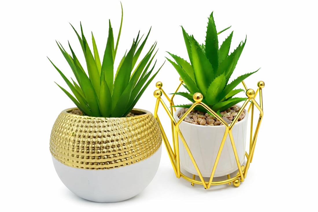 Premium Artificial Plants in Ceramic Tubs with Gold Metal Stand, Golden Ball Design, Modern Home Decor, Color Fastness 2 Pack