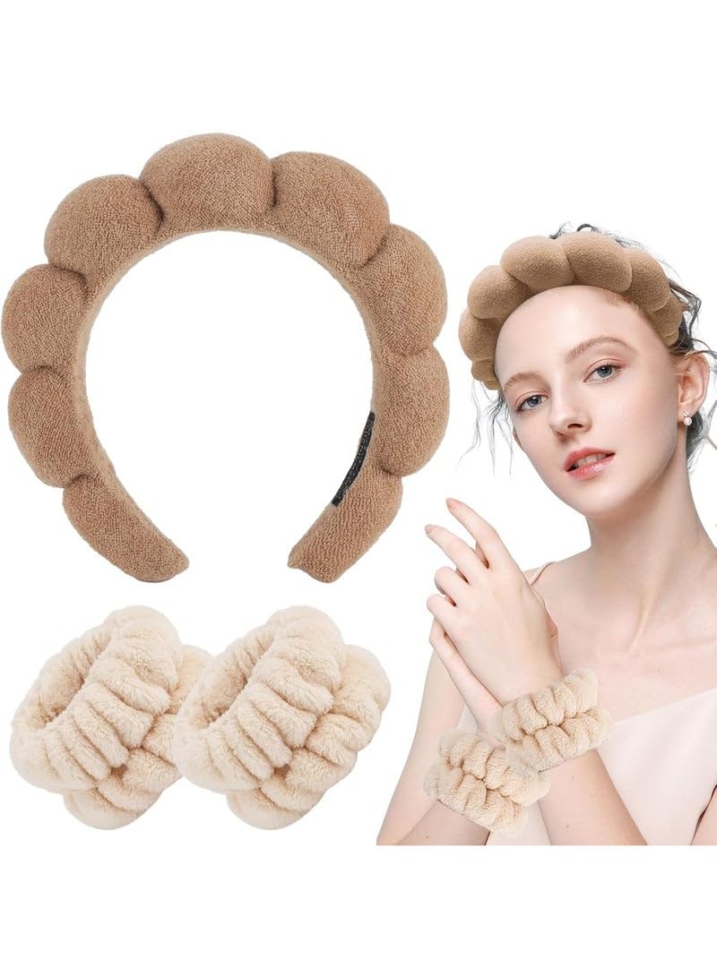 Spa Headband for Washing Face Wristband Sponge Makeup Skincare Headband Terry Cloth Bubble Soft Get Ready Hairband for Women Girl Puffy Padded Headwear Non Slip Thick Hair Accessory (Black, Standard)