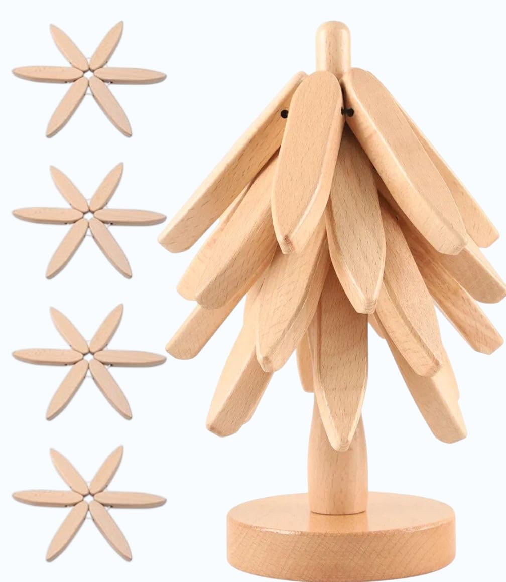 4 Pack Wooden Stackable Hot Plate Coasters, Wooden Tree Stand with Stable Round Base, Excellent Protection for Countertops from Heat and Scratches, Home Decor