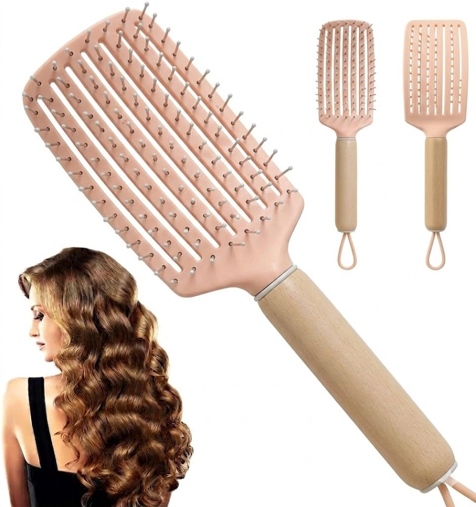 Vented Hair Brush for Curly Hair, Curl Defining Brush, Curl Define Styling Brush, Defined Curls Detangling and Styling Hairbrush Reduce Pulling and Curl Separation 1pc -WOOD HAND -multicolor