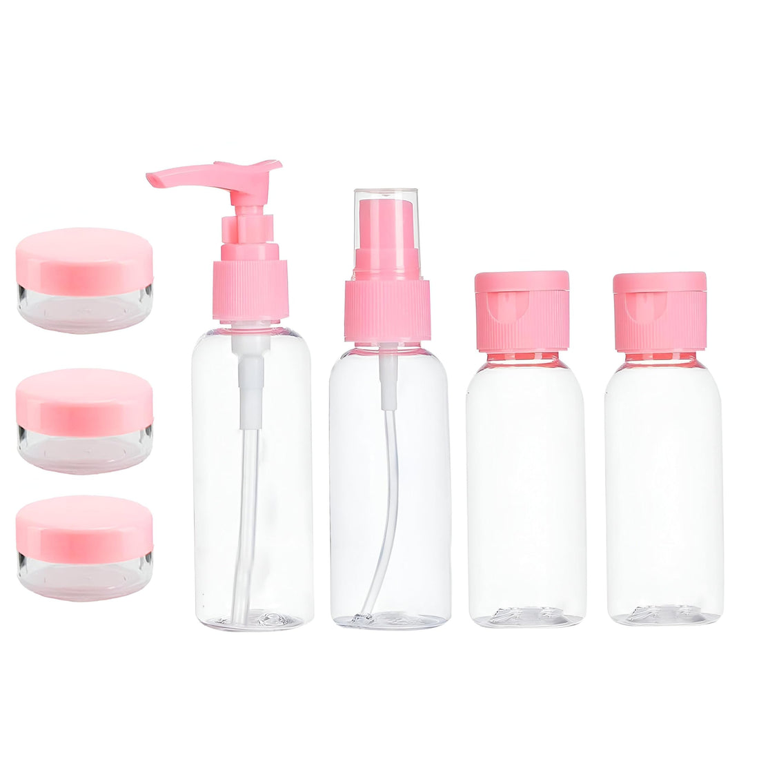 Refillable Travel Set - Includes 7 versatile bottles for cosmetics and personal care products, all neatly stored in a colorful travel bag for on-the-go convenience.