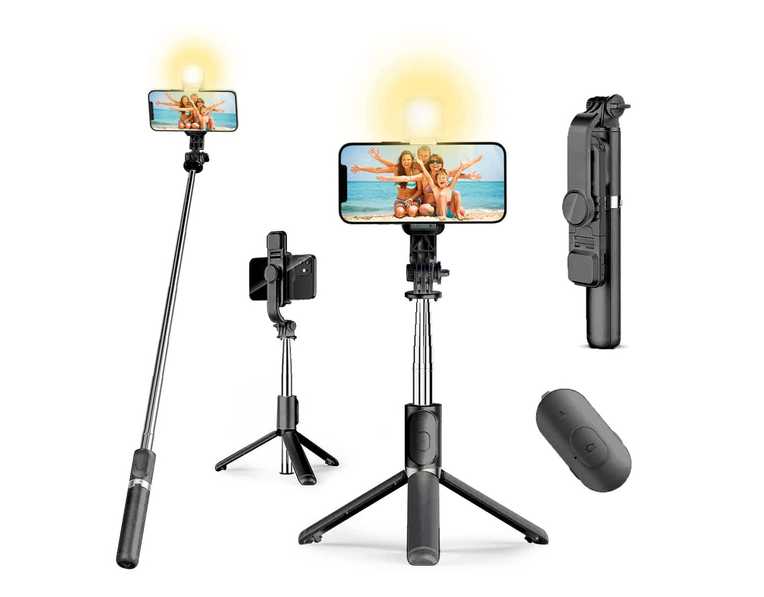 Elite 4 in 1 Lighted Selfie Stick With Tripod, Bluetooth Remote, 3 Light Modes & 6 Brightness Level,360° Rotation, Portable Floor Desktop Tripod, For iPhones & Android, For Broadcast, Black