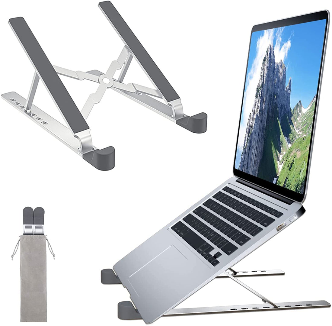 FINIBO Laptop Stand, 8-Level Height Adjustable Laptop Stand, Foldable Aluminium Laptop Holder, Portable Notebook Stand Compatible with MacBook Pro Air, Dell, HP and 10-15.6 Inch Tablet (Silver)