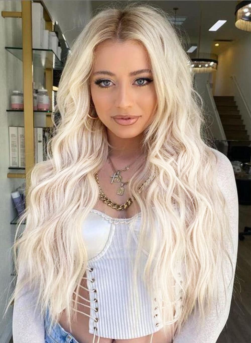 ECIF Long Curly Hair Wig For Women Synthetic Hair Wig With Bangs Ombre Brown To Blonde Hair Wigs