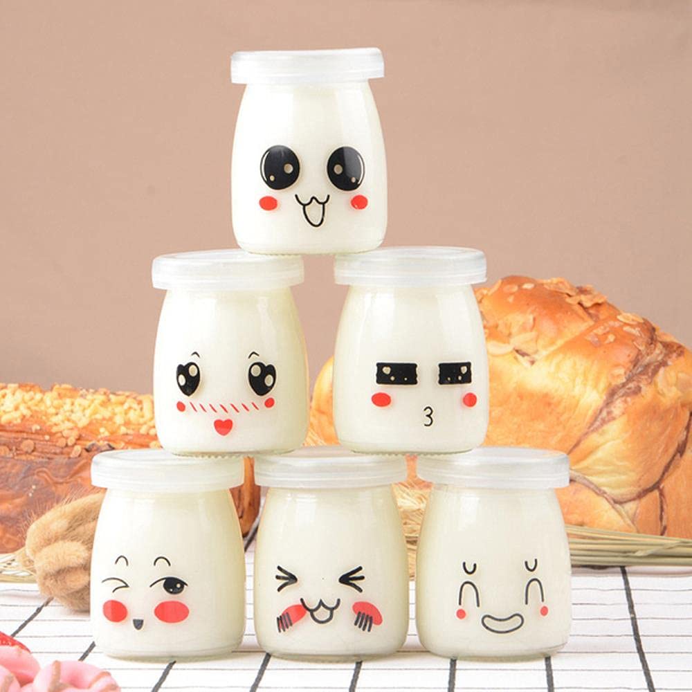6pcs 150/200ml Yogurt Glass Facial Expression Pudding Jars Cartoon Heat Resistant Glass Jelly Yogurt Jar (Random Pattern) -6pcs 150ml, Transparent