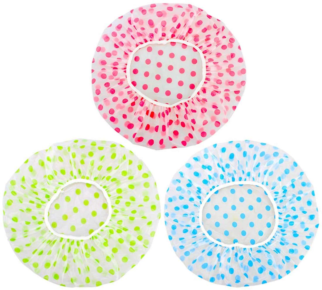 Freewalk Plastic Shower Caps Waterproof Elastic Band Bath Hair Hat-Reusable Shower Hats Reusable Shower Caps, Environmental Protection Hair Bath Caps for Women 3 Pieces 3 colors