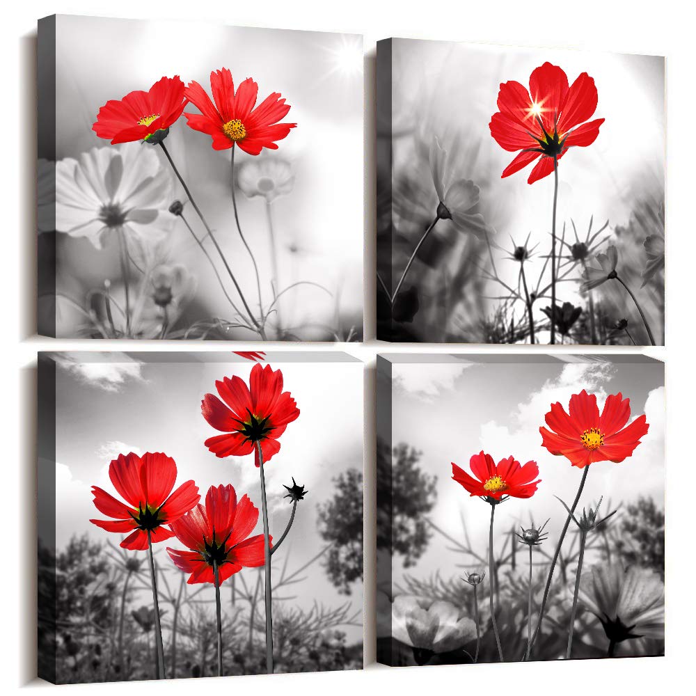 hyidecorart 4pcs Modern Salon Theme Black and White Plant The red flower Flower Abstract Painting Still Life Canvas Wall Art for Home Decor Flower Canvas Print Wall Art Painting For Living Room Decor