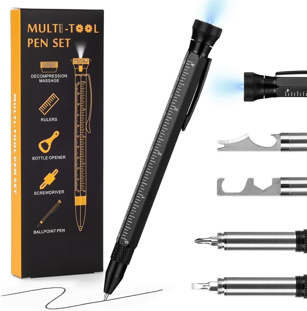 12 in 1 Multitool Pen with Stress Relief Accessory, Pocket Multi Tool with Light, Stylus, Ruler, Screwdriver, Bottle Box Opener Cool Must-Have Gadgets for Woodworking Electrical Engineers Men
