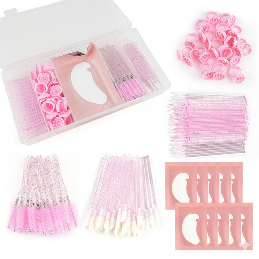 Eyelash Extension Set with Box Lashes -10 pcs ring -5 Pairs Eyelash Extension - 20 pcs Micro Applicators Brushes, 20 pcs mascara and 20pcs Eyelash Beauty Cotton-pink or purple color
