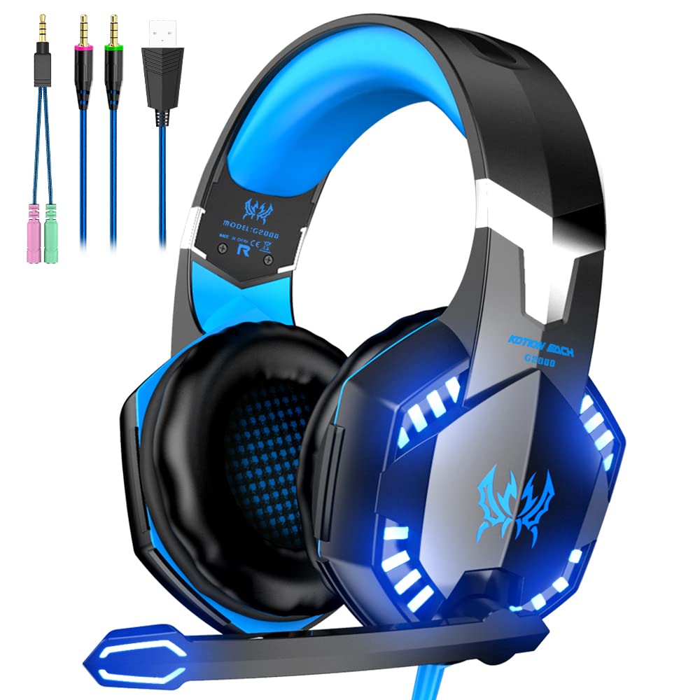 VersionTECH. Gaming Headset - With Mic, Volume Control and Cool LED Lights - Compatible with PC, Laptop G2000 (Blue)