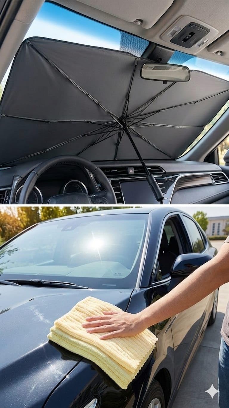 Car Windshield Sun Shade Foldable Sunshade Blocks UV Rays 122 x 65 cm with Cleaning Towel Set