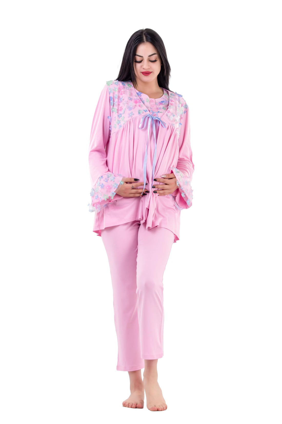 Brand Dadosh Womens Classic Pajama Set Cotton Soft Lightweight Button Front Floral Print 3 Piece Maternity Wear