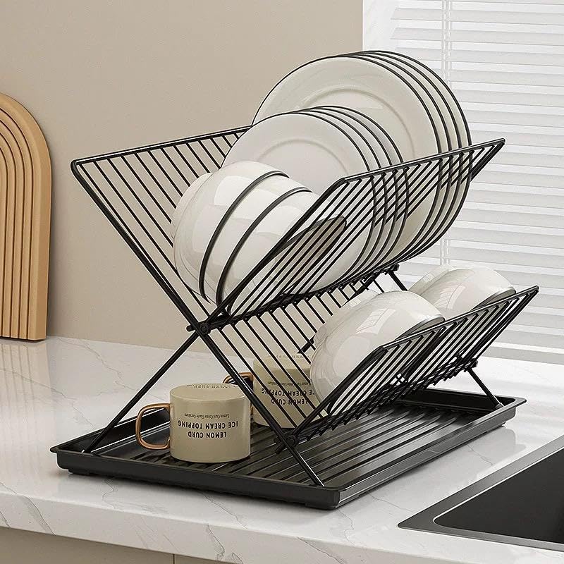 Countertop Dish Drying Rack, Black, Stainless Steel, Medium, Rust Resistant, Kitchen Storage Organize