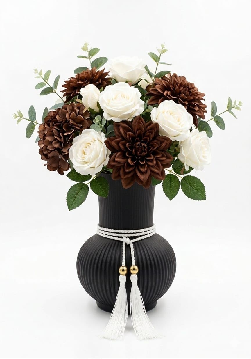 Decorative Ribbed Vase with Gold Tassel Rope for Home (Black)
