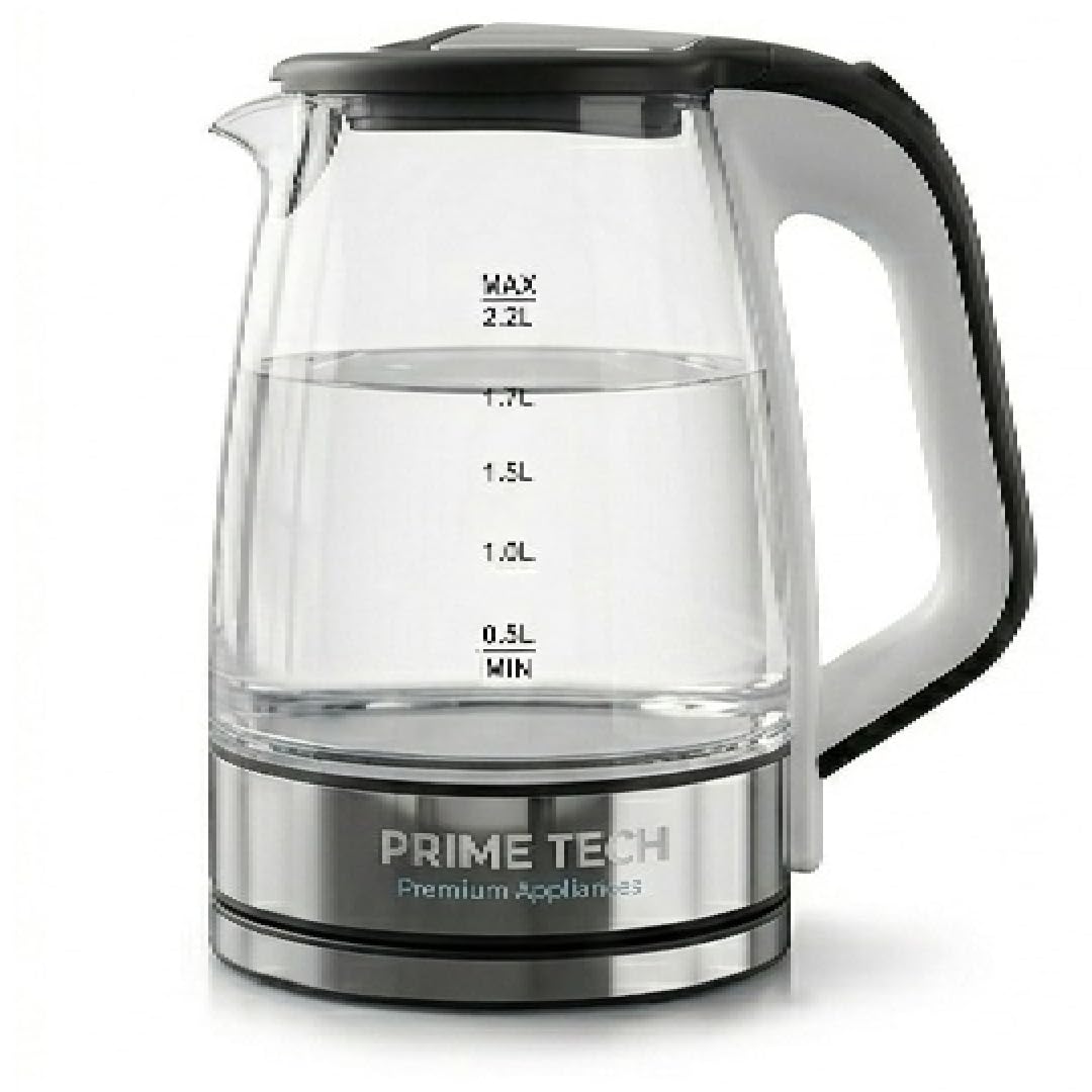 PRIME TECH Electric Kettle Glass 2.2 Liter, 1500 Watt, Fast Heating Water Boiler, Auto Shut-Off, Heat Resistant Handle, Cordless Tea & Coffee Kettle, Black