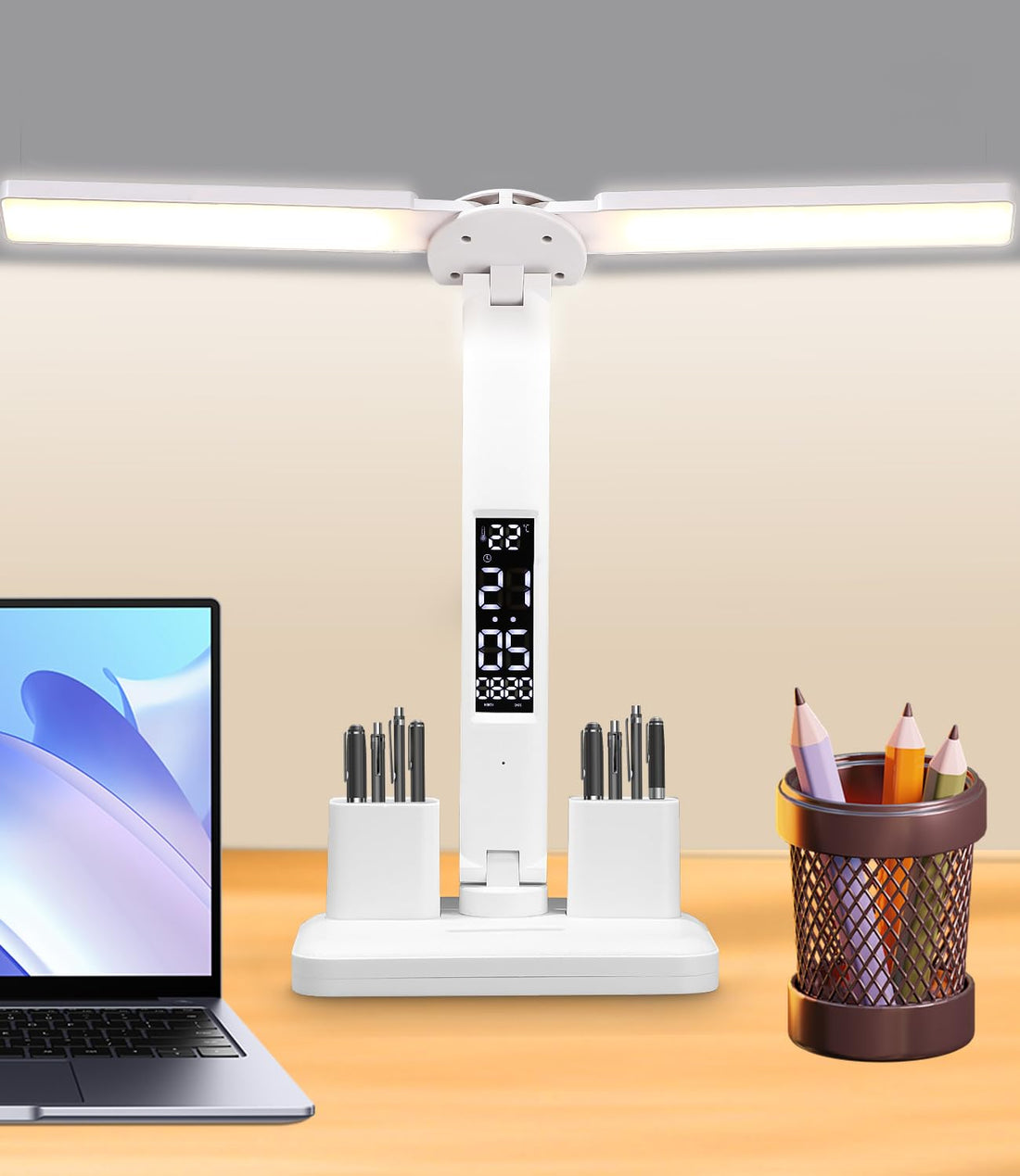 Dual Swing Arm LED Desk Lamp, Double Arm Desk Lamp with 3 Colour Touch Control Brightness Levels, Reading Lamp with Two Pen Holders, LED Table Lamp for Study