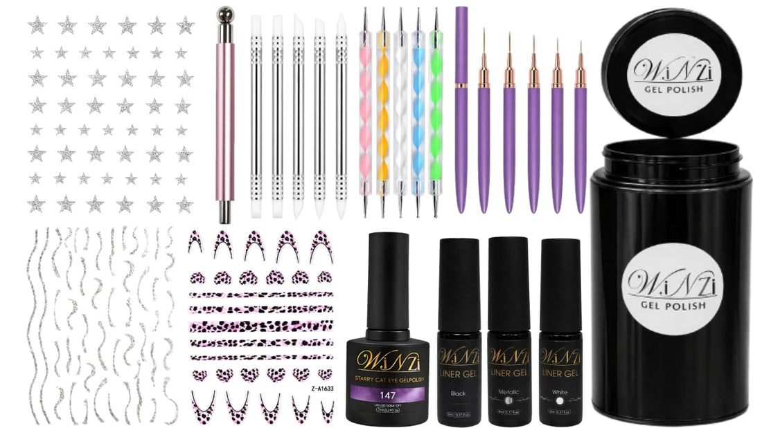 Professional Nail Art Kit with 5 Pens, Dotting & Clean-Up Tools, Magnetic Tool, 3 Liner Gels (White, Black, Metallic), Cat Eye Gel, Assorted Tiger Sheer & Shock Effect Sheets