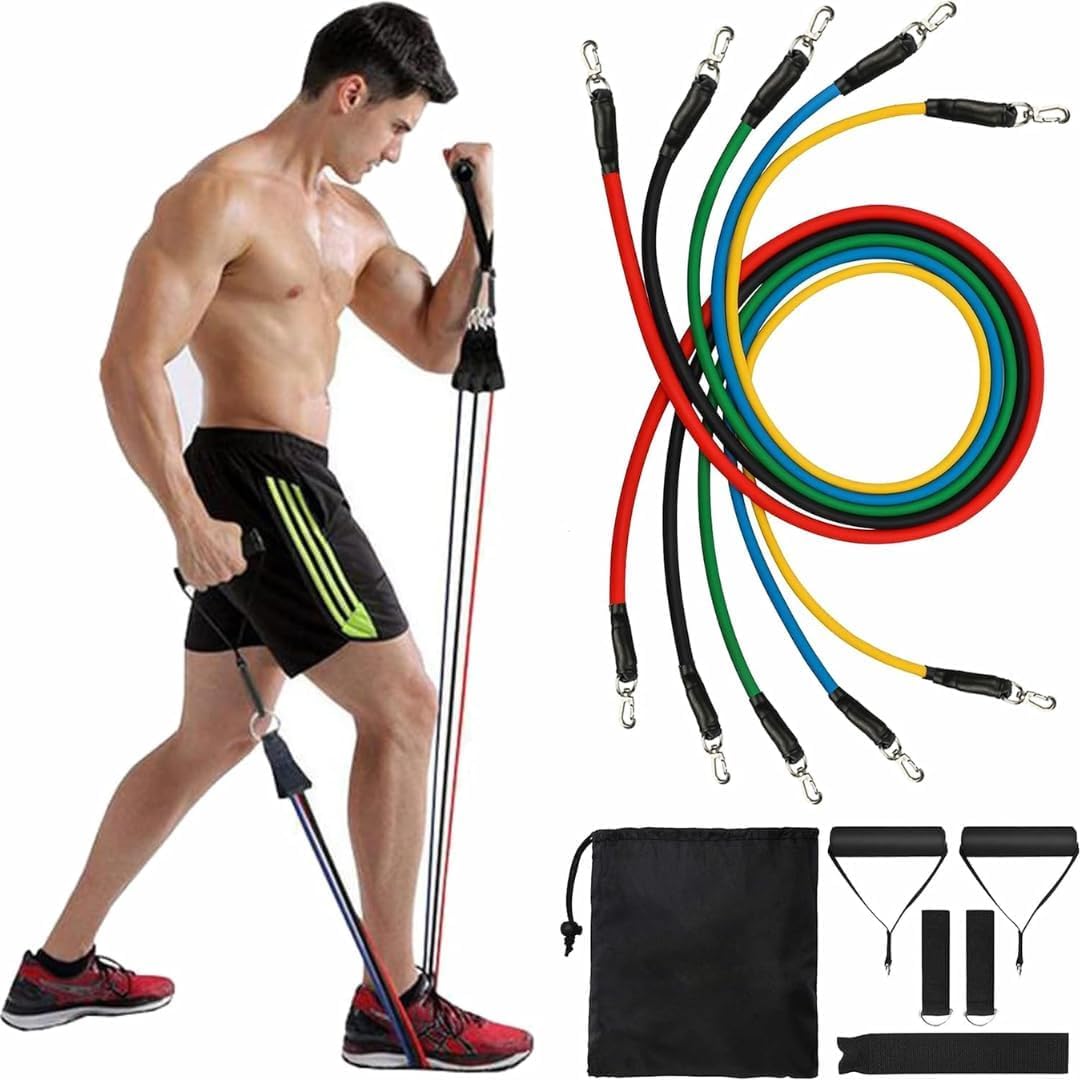 City Star Sport Exercise Resistance Bands Set 5pcs Strength Training Fitness Tubes Tension Bands with Handles, Door Anchor, Ankle Straps,Workout Guides and Band Guard Equipment for Men and Women