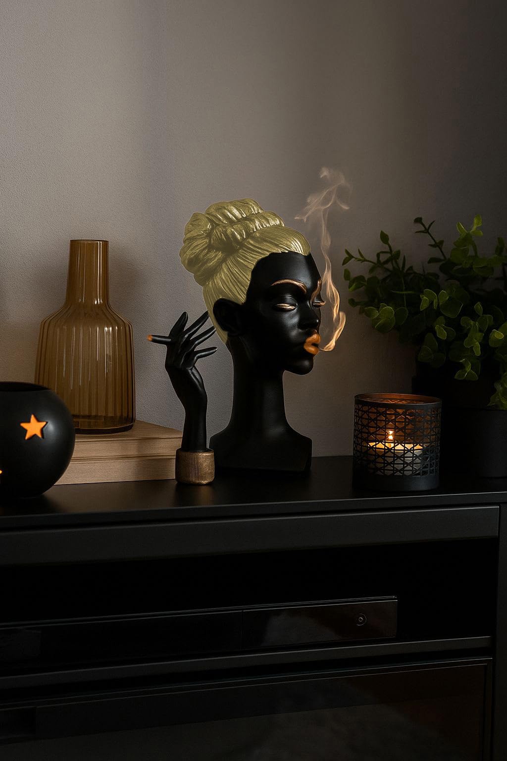 Elegant Woman Incense Burner Sculpture – Smoking Lady Aromatherapy Holder for Home Decor (Black or White with Gold Accents) (Black Gold Blond)