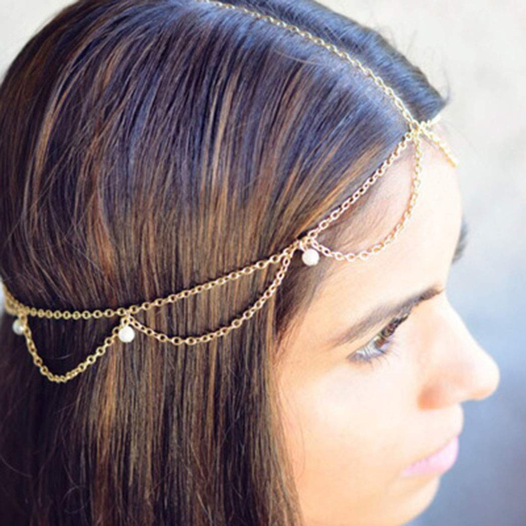 Boho Gold Sequins Hair Chain Pearl Head Chain Festival Wedding Headpiece Headband Hair Jewelry for Women and Girls