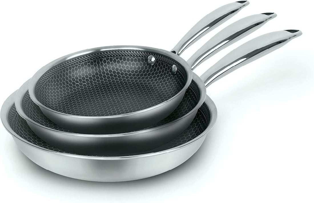Generic 3-Piece Non-Stick Stainless Steel Frying Pan Set (24, 26, 28 cm) – Induction Ready, Even Heat Distribution with Ergonomic Riveted Handles, Durable Multi-Layer Cookware for All Stove Types.