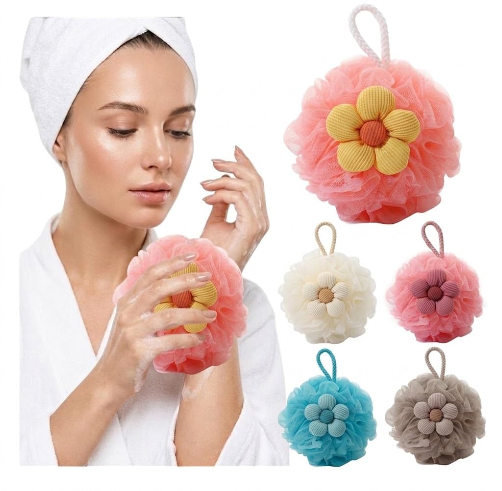 Bath Pouf Exfoliating Scrunchy Loofah Scrubber Shower Puff Long Shower Sponge Bath Loofah Sponge Net Girl Mesh-1pc (Multicolor)-with flower Funky
