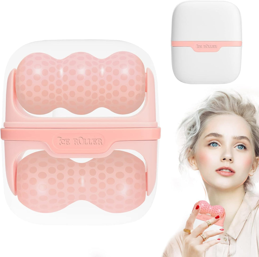 Rana Store Double Ended Ice Roller for Face with Travel Bag, Facial Skin Care Tools with Roller 2 in 1, Cryotherapy Massage Tool for Migraine, Eye Puffiness, Redness, Pain Relief, Pink